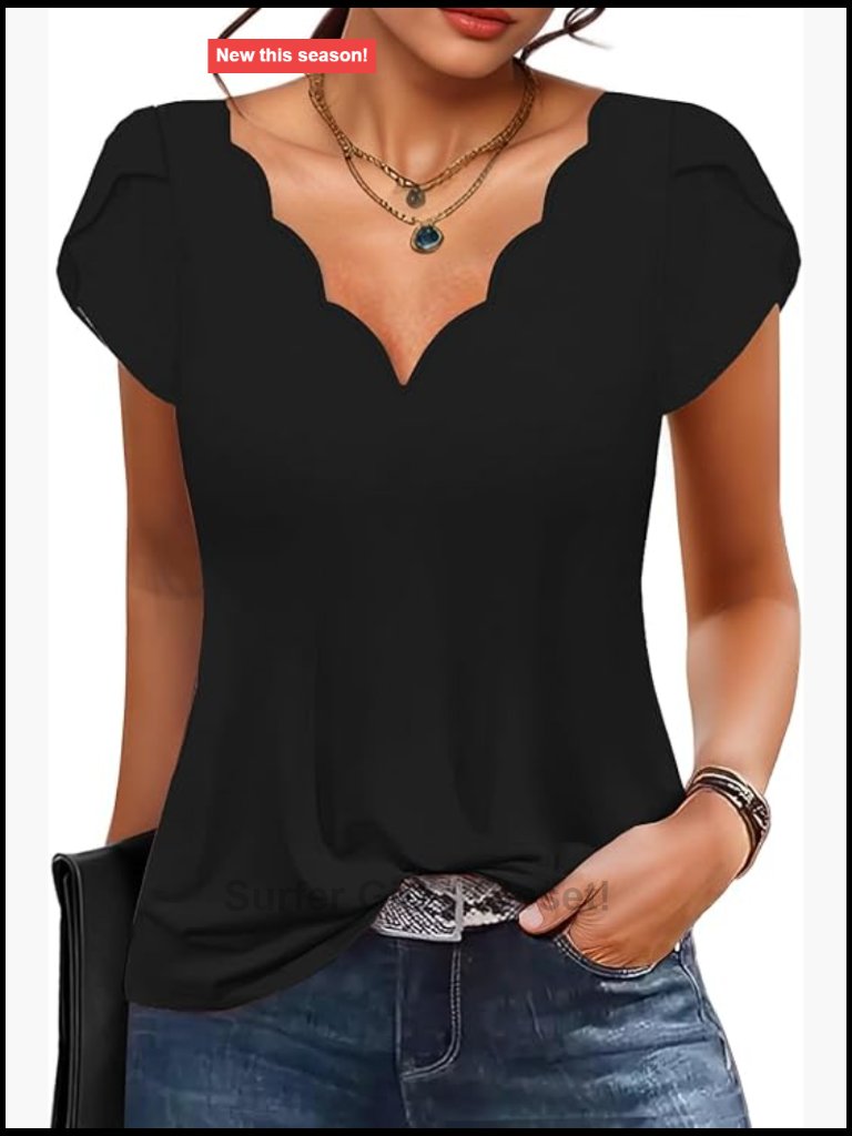 Womens Seashell Edge V Neck Tunic Blouses Petal Short Sleeve Soft Dressy Casual